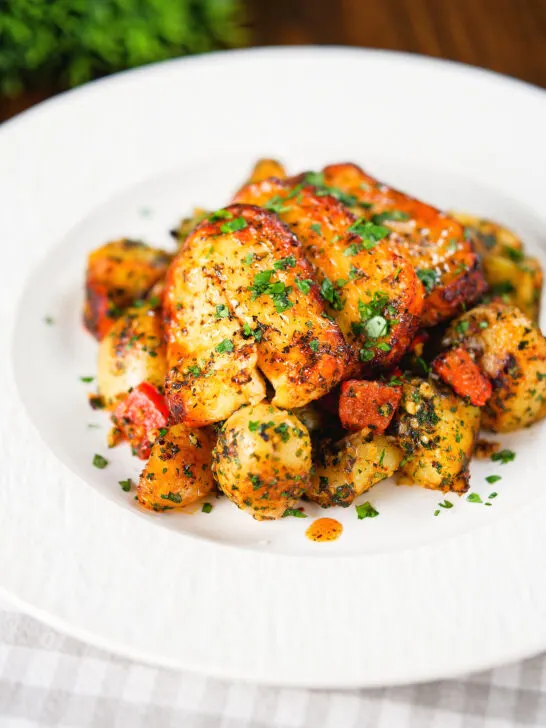 Air fryer halloumi cheese with a hot honey glaze served with Lebanese inspired batata harra.
