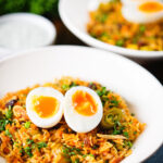 British-Indian smoked mackerel kedgeree (rice) served with boiled egg.