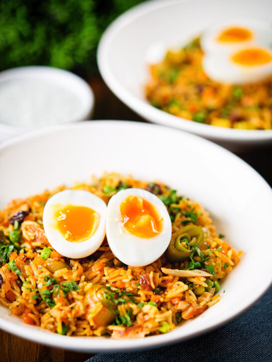 British-Indian smoked mackerel kedgeree (rice) served with boiled egg.