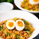 British-Indian smoked mackerel kedgeree (rice) served with boiled egg.