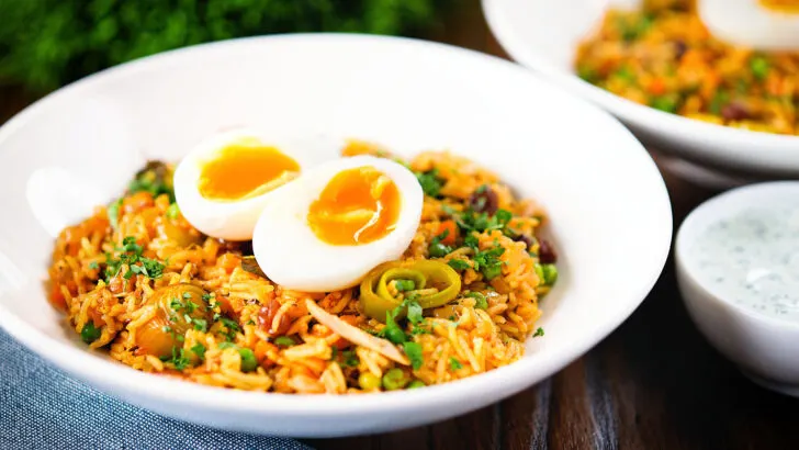 British-Indian smoked mackerel kedgeree topped with a perfect boiled egg.