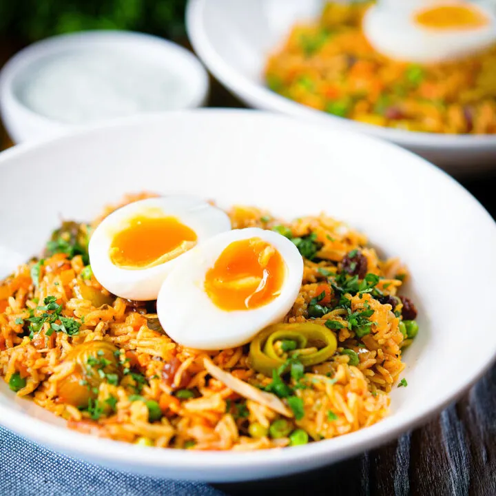 British-Indian smoked mackerel kedgeree topped with a perfect boiled egg.