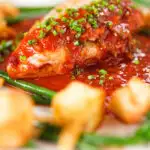 Close-up chicken breast in tomato sauce served with Parmentier potatoes and green bean amandine.