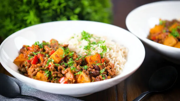 Cuban inspired minced beef picadillo with potatoes and brown rice.