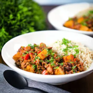 Cuban inspired minced beef picadillo with potatoes and brown rice.