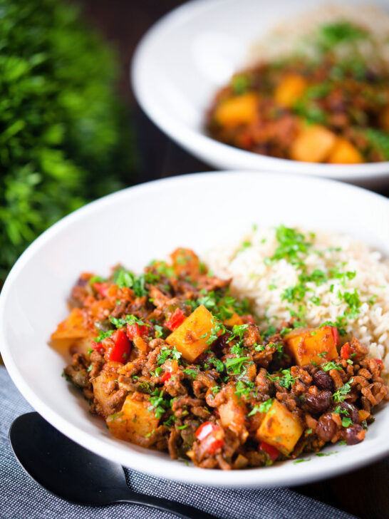 Cuban minced beef picadillo with potatoes, raisin, capers and brown rice.