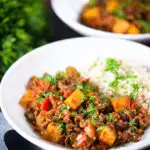 Cuban minced beef picadillo with potatoes, raisin, capers and brown rice.