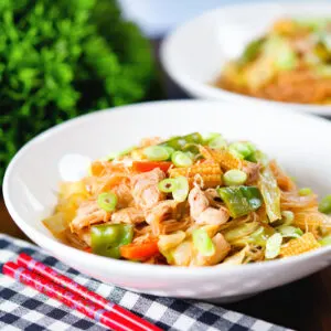 Filipino chicken pancit bihon (guisado) with rice noodles and loads of vegetables.