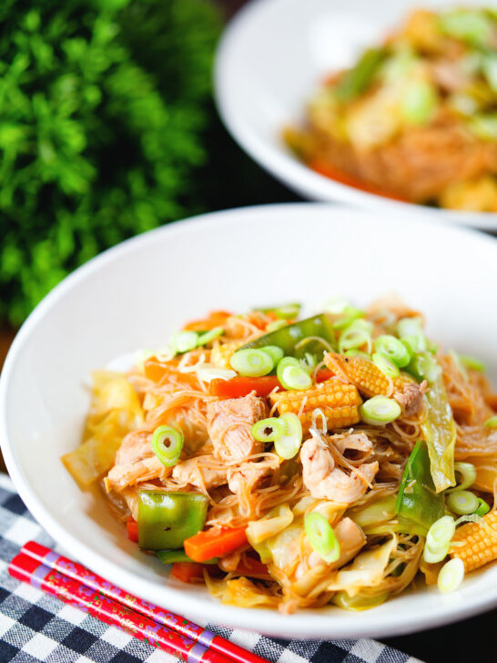 Filipino chicken and vegetable pancit bihon (rice noodles) aka guisado.
