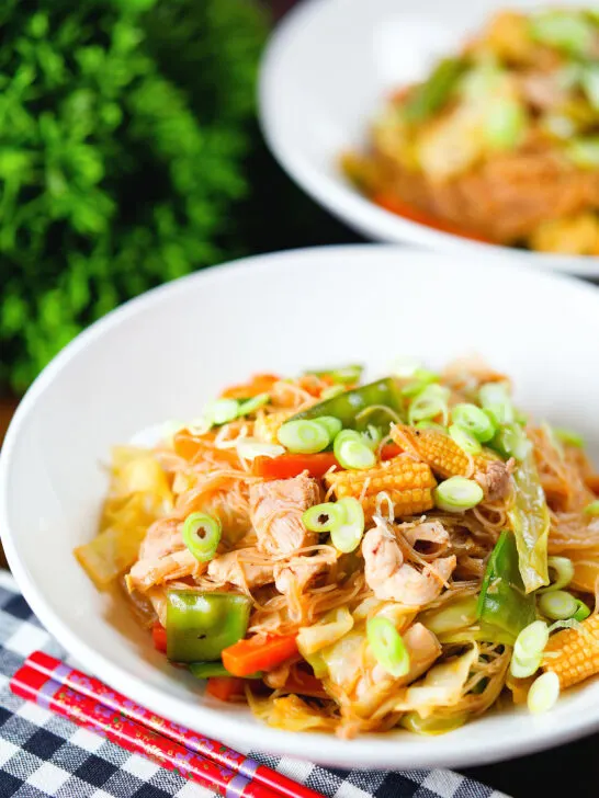 Filipino chicken and vegetable pancit bihon (rice noodles) aka guisado.