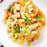 Close-up overhead Filipino chicken and vegetable pancit bihon (rice noodles) aka guisado.