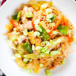 Close-up overhead Filipino chicken and vegetable pancit bihon (rice noodles) aka guisado.