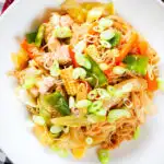 Close-up overhead Filipino chicken and vegetable pancit bihon (rice noodles) aka guisado.