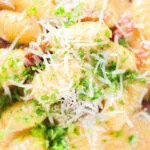 Close-up overhead creamy gnocchi carbonara with pecorino cheese and fresh parsley.