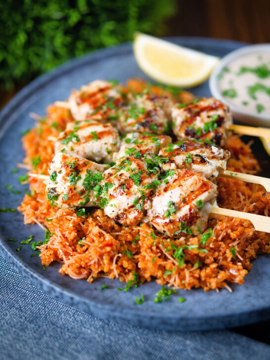 Greek chicken souvlaki kebabs served with pourgouri and a yoghurt sauce.