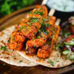 Indian salmon tikka skewers served with roti, kachumber salad and raita.