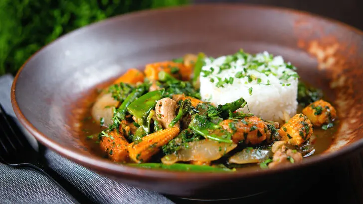 Spicy Thai chicken jungle curry (kaeng pa) served with jasmine rice.
