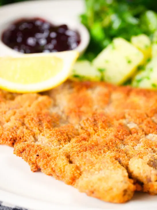 Close-up breaded veal Wiener schnitzel served with parsley buttered potatoes and redcurrant jelly.