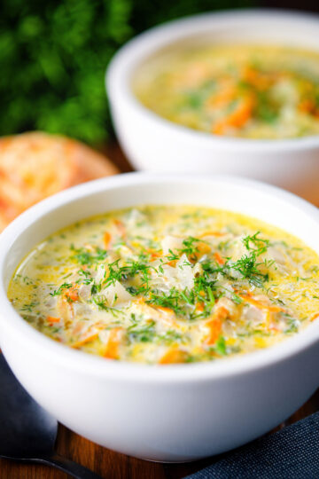 Polish zupa ogorkowa or pickle (sour) cucumber soup with fresh dill.
