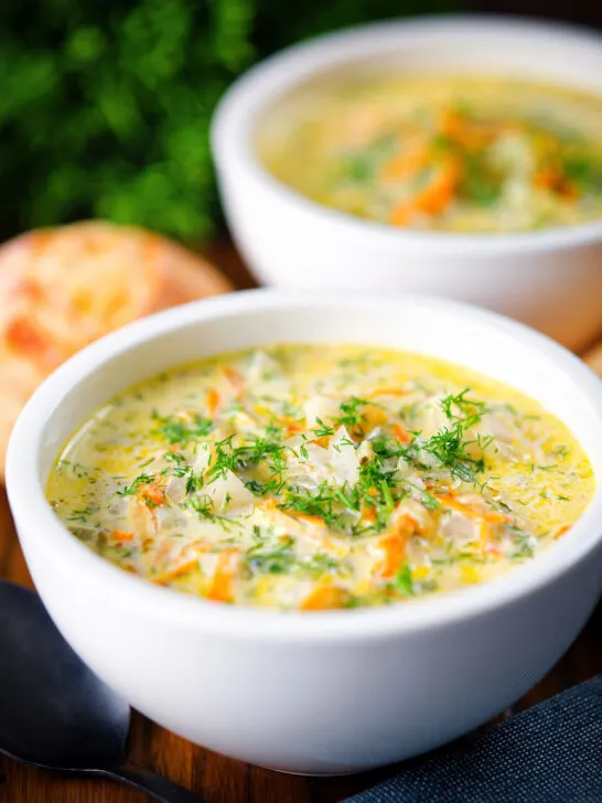 Polish zupa ogorkowa or pickle (sour) cucumber soup with fresh dill.