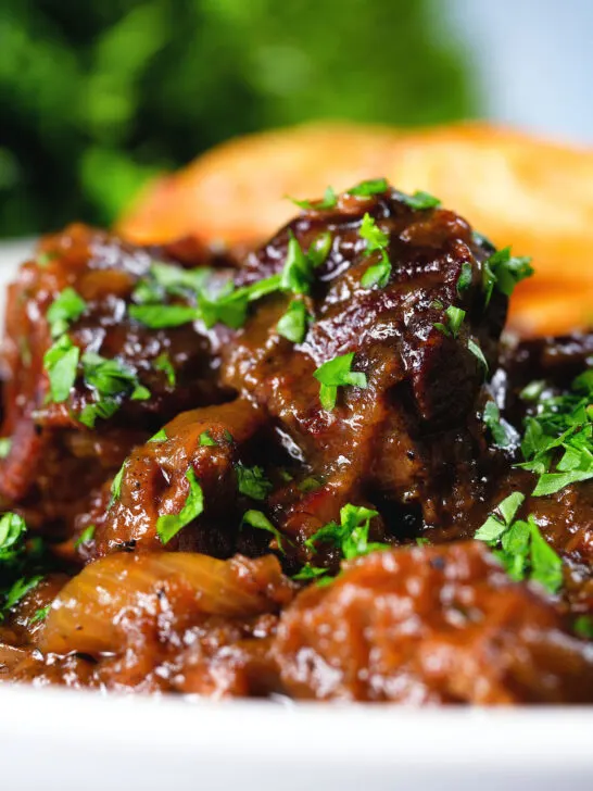Close-up Belgian carbonnade flamande (beef, onion and beer stew) served with chips.