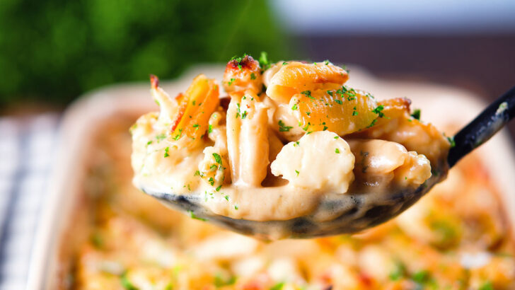 Cauliflower cheese pasta bake with cheddar and stilton on a serving spoon.