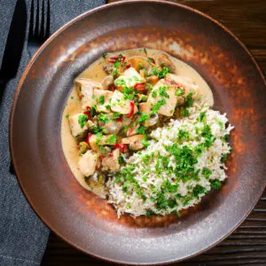 Creamy chicken a la king served with brown rice and fresh parsley.