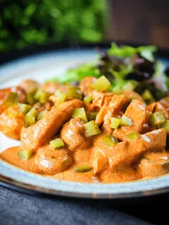 Chicken and mushroom stroganoff served with fried potatoes and chopped gherkins.