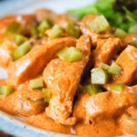 Close-up chicken and mushroom stroganoff served with chopped gherkins.