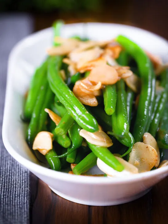 Garlic green beans amandine aka almondine.