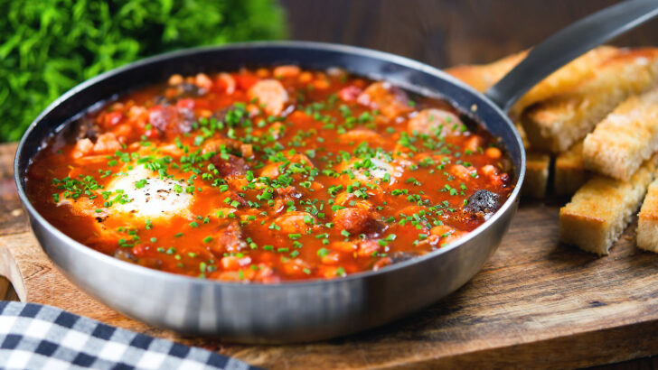"Full English" sausage and baked bean breakfast casserole served with toast soldiers.