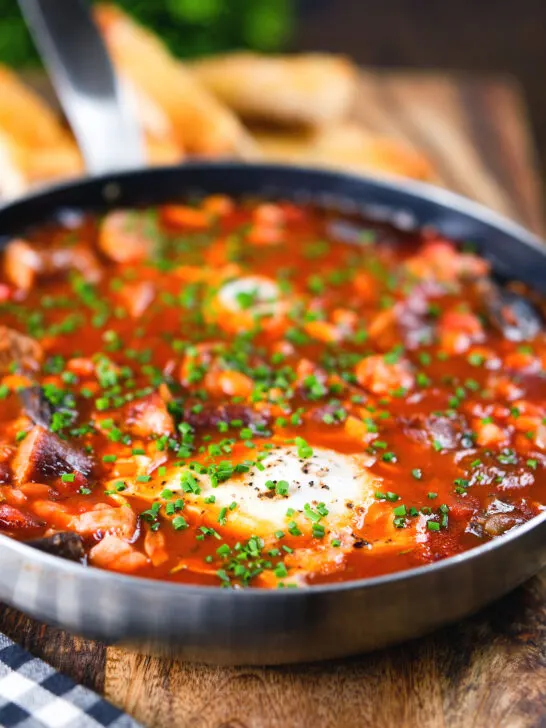 Sausage, bacon, black pudding and baked bean breakfast casserole.
