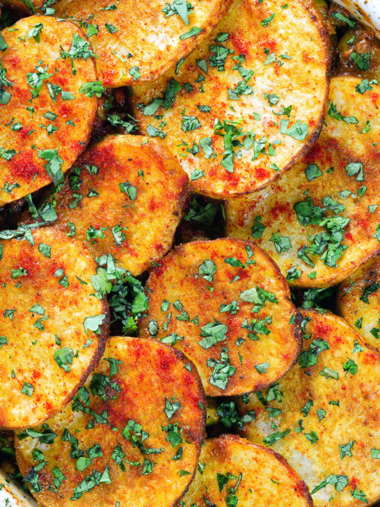 Overheadclose-up minced lamb (keema) and potato hotpot with Indian-influenced flavours.