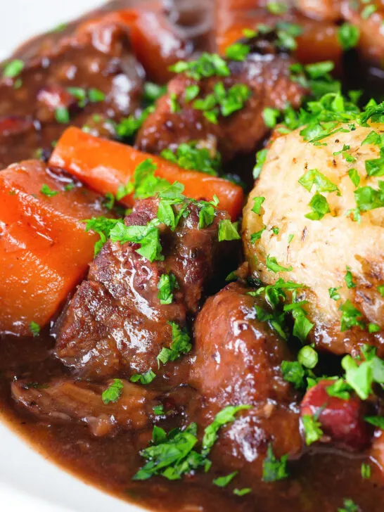 Close-up rich red wine and port venison stew or casserole with suet dumplings.