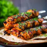 Chicken tikka kebab skewers served with chapati, raita and kachumber salad.
