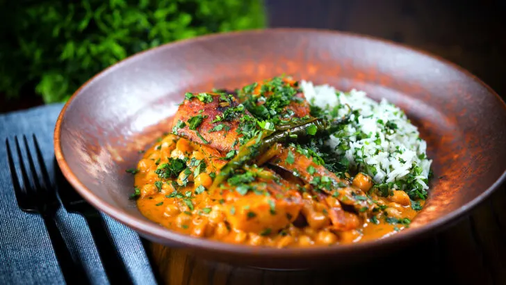 Vegan chickpea and parsnip curry served with coriander rice.