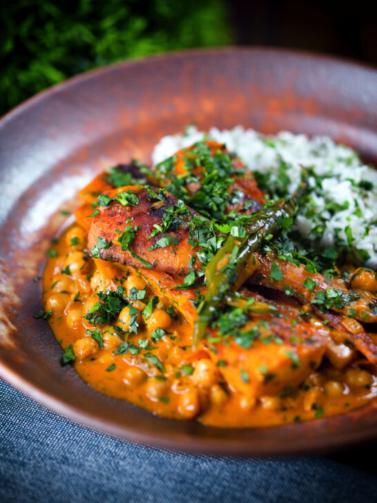 Vegetarian chickpea and parsnip curry served with coriander rice.