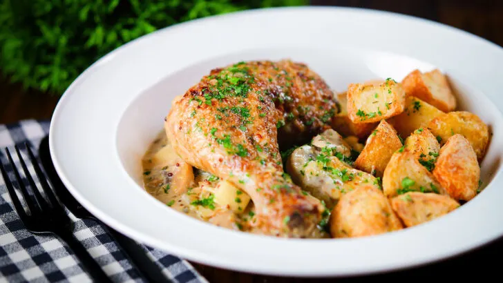 Somerset chicken in a cider, cheddar cheese and cream sauce served with mine roast potatoes.
