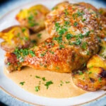 Dijon chicken leg or poulet Gaston Gerard served with roasted crushed new potatoes.
