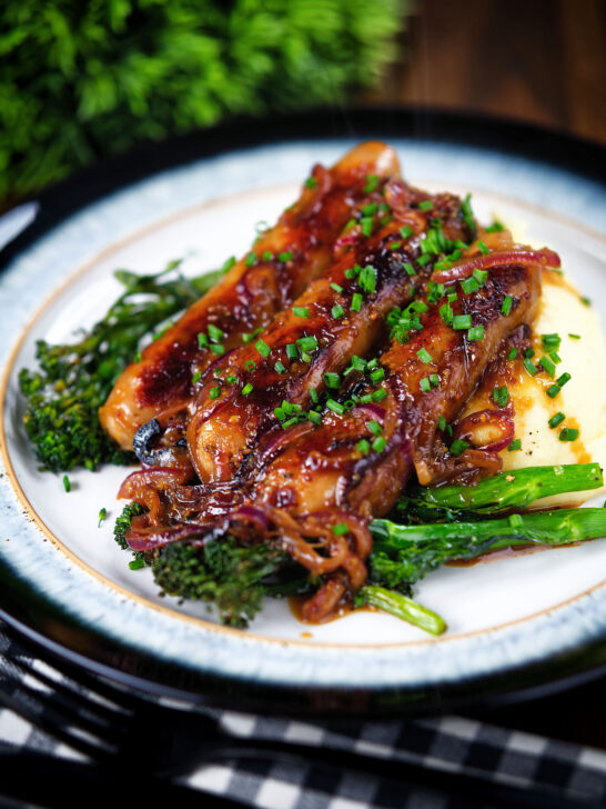 Cider, honey and mustard glazed sausages with mashed potato and tenderstem broccoli.