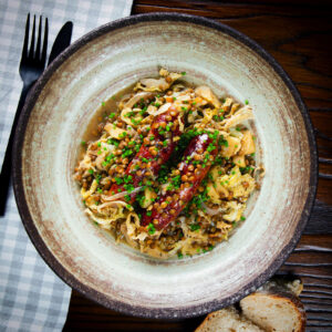Pork sausage and green lentil stew with cabbage, apples and English mustard served with bread.