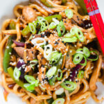Close-up overhead stir fried teriyaki chicken noodles with spring onions and sesame seeds.