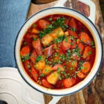 Hungarian paprikas krumpli (paprika potatoes) in cooking pan.