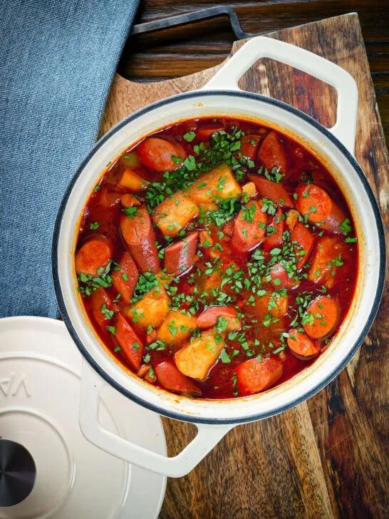 Hungarian paprikas krumpli (paprika potatoes) in cooking pan.