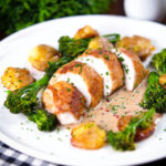 Chicken breast (roasted on the bone) in peppercorn sauce, smashed potatoes and broccoli.