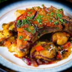 Spicy roasted mango chutney pork chops with Indian influenced roasted Bombay potatoes.