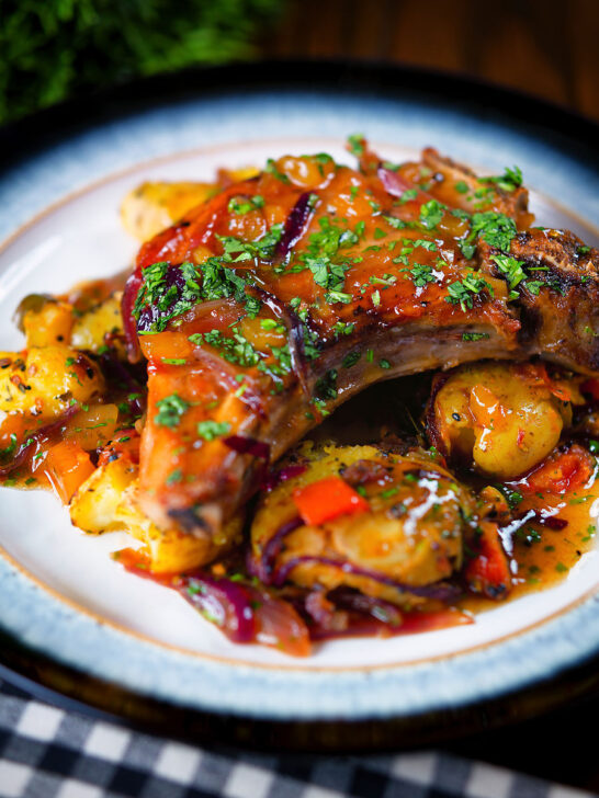 Spicy roasted mango chutney pork chops with Indian influenced roasted Bombay potatoes.