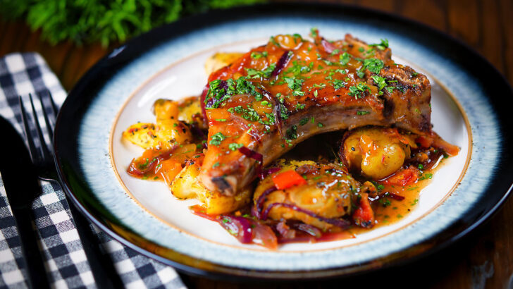 Baked mango chutney pork chops with Indian influenced roasted Bombay potatoes.