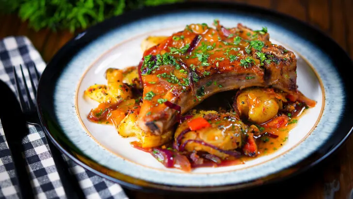 Baked mango chutney pork chops with Indian influenced roasted Bombay potatoes.
