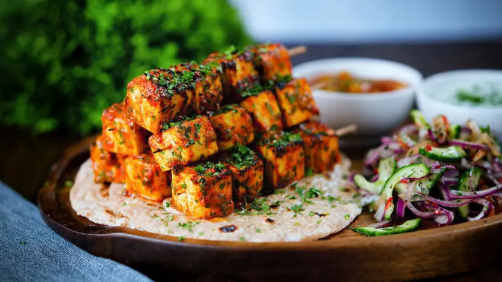 Paneer tikka kebabs served with homemade chapatis, onion salad, mango chutney and raita.